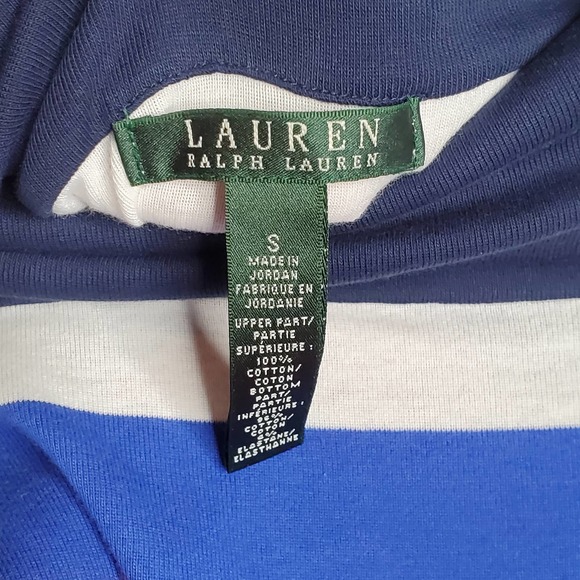 LAUREN RALPH LAUREN Navy Blue Off Shoulder Belted 100% Cotton Dress Sz Small S - Picture 4 of 5